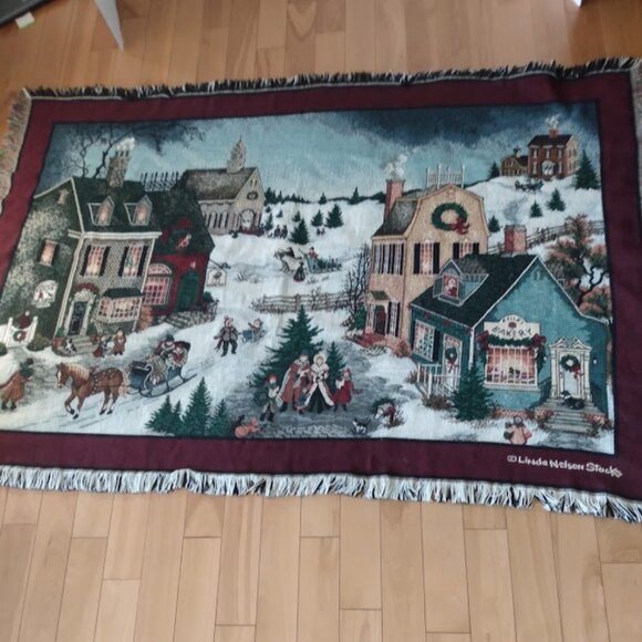 Linda Nelson Stocks: Tapestry throw blanket Christmas winter scene. - Picture 1 of 7